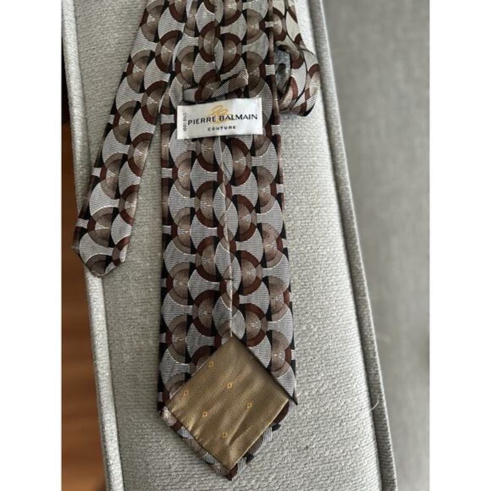 Vintage Pierre Balmain Silk Geometric Tie Brown Beige Hand Made